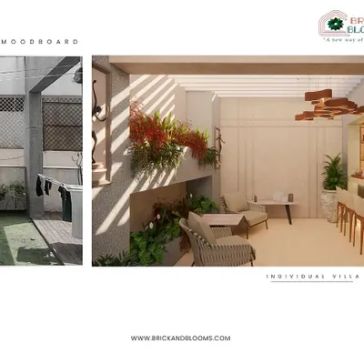 We turned a small, neglected backyard area into a sophisticated terrace lounge and bar. The 3D render shows the planned layout with a full-service bar, comfortable seating, and integrated planters, demonstrating how we visualize and plan every detail before implementation.