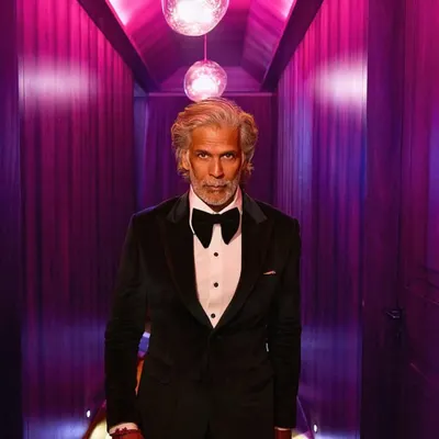 The hero shot from an ad campaign with Milind Soman. This classic tuxedo look was about creating an iconic, powerful image that is both timeless and modern.