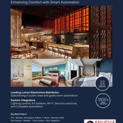 This collage highlights my extensive experience in the hospitality sector, with successful projects for leading brands like ITC, Oberoi, and Four Seasons. I specialize in both public area and guest room automation, integrating lighting, AV, Wi-Fi, and security solutions.