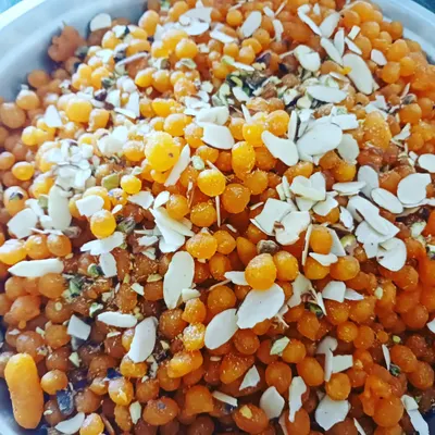 Vegan boondi prepared as prasad for Hanuman Jayanti. These sweet pearls are made entirely plant-based and offered with devotion.