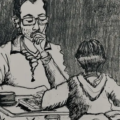 An experimental ink drawing of a father and child. I enjoy playing with different styles, and this piece uses heavy cross-hatching to create a dramatic, moody effect.