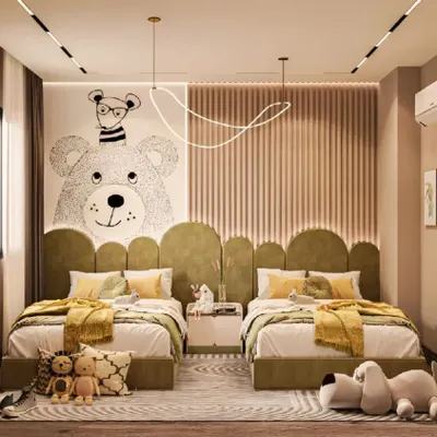 A closer look at our twin bedroom design, showcasing the charming bear wall mural and custom scalloped headboards. The soft color palette and warm lighting create a calming and inviting atmosphere for siblings.