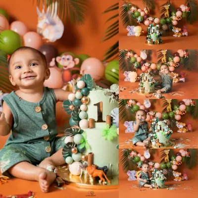 A collage from a jungle-themed first birthday cake smash. The birthday boy is all smiles next to his amazing cake, surrounded by animal figures and a green balloon arch.