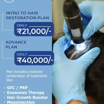 Our Hair Health Camp offers tailored restoration plans at special prices. This graphic details our Intro and Advance plans, which combine powerful treatments like GFC, Exosomes, and Mesoinjection.