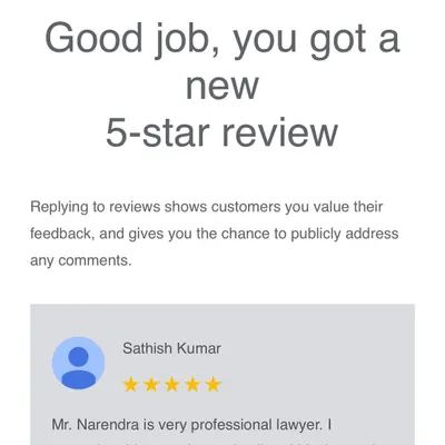 Receiving a new 5-star review is always motivating. It reinforces my commitment to providing excellent, professional legal services to all my clients.
