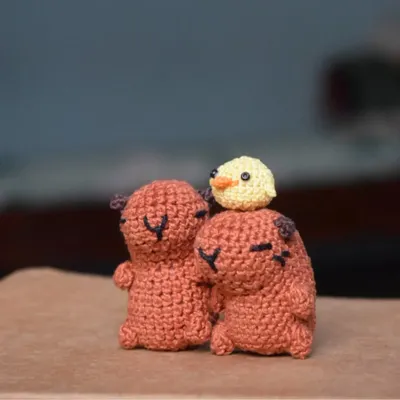 A pair of my signature crochet capybaras sharing a moment with a tiny chick on top. These desk buddies are perfect for bringing a bit of calm and cuteness to your day.