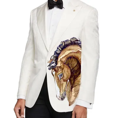 This design features a majestic horse portrait painted on a white formal blazer. The artwork is positioned to create a striking and elegant effect, turning a classic piece of menswear into wearable art.