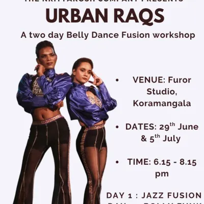An announcement for our two day Urban Raqs belly dance fusion workshop. This series features two distinct styles: a high energy Jazz Fusion class and a vibrant Bolly Funk session.