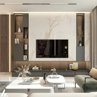 A modern TV wall I designed with a mix of materials. It features a central marble-finish panel, flanked by vertical wooden fluting and dark grey shelving for a sophisticated, textured look.