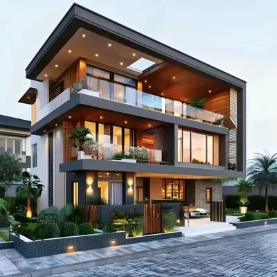A premier example of our luxury contemporary designs, this home features floor-to-ceiling windows and expansive balconies with glass railings to maximize light and views. The flat roofline and cantilevered structures create a sleek, sophisticated profile, complemented by integrated landscape lighting.
