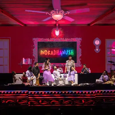 The full stage view of the 'Indradhanush' concert for Amit Trivedi. My role was to design the entire visual flow, ensuring the dancers and singers moved as one cohesive unit to create a rich, theatrical experience for the audience.