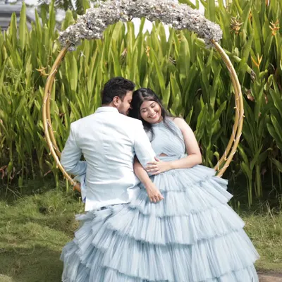 A romantic and dreamy pre-wedding shot. I created a soft, natural makeup look for the bride-to-be that complements her beautiful powder blue gown and the romantic setting.