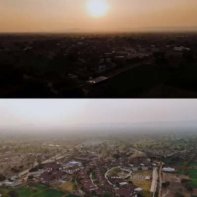 A two-part aerial shot showcasing the vast, beautiful landscape of the wedding resort at sunset and during the day, highlighting the destination's appeal.