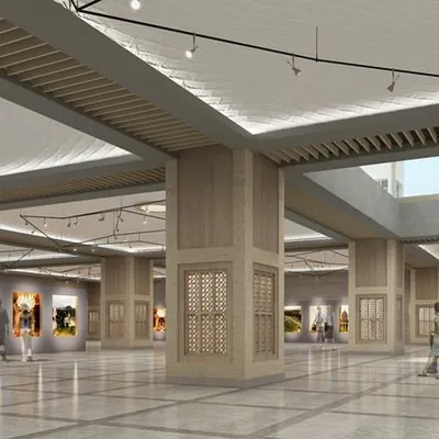 A rendering of the proposed Qutub-Shahi Interpretation Centre in Hyderabad. The design uses a modern idiom to recall the sense of order and gentle play of light found in the historic Qutub-Shahi monuments.