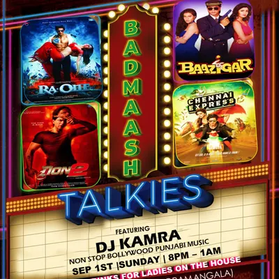 The event poster for 'Badmaash Talkies', a Bollywood and Punjabi music night. These themed events are a great way to dive deep into a specific genre.