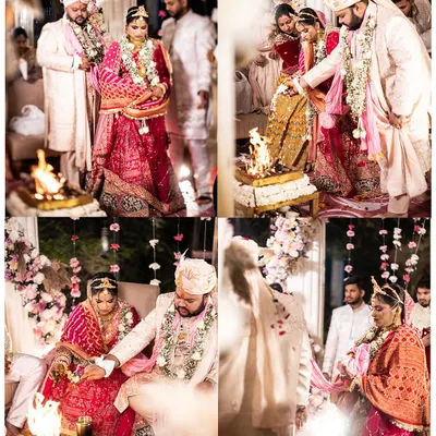 A collage of sacred moments from a Hindu wedding ceremony, showing the pheras and other important rituals around the holy fire.