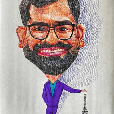 This commissioned caricature was drawn with color pens on A3 paper. The cross-hatching technique adds a lot of texture and personality. Adding a small detail like the Eiffel Tower makes it even more personal for the client.