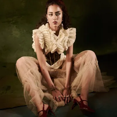 From the 'Velvet Shadows & Tulle Movements' series. This full-length portrait showcases a mix of structured corsetry and ethereal tulle, creating a look that is both historical and rebellious.