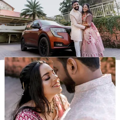 A modern couple's maternity shoot, featuring both a wide shot with their car and an intimate close up. The expecting mother's pink lehenga and the partner's coordinated outfit create a stylish, celebratory look.