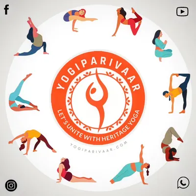 Our logo, surrounded by various yoga asanas, representing our result-oriented studio in Rohini, Delhi.