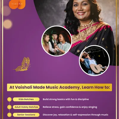 Music has no age limit. This graphic shows that we have dedicated batches for kids, adults, and seniors, each tailored to build skills, relieve stress, and help students discover joy through music.