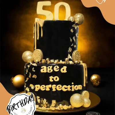 Fifty and fabulous! This stunning two-tier black and gold cake, with the message "aged to perfection," is the ultimate centerpiece for a glamorous 50th birthday celebration.
