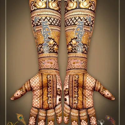 A full-arm symmetrical design featuring swans and elephants, with intricate bands of traditional patterns.