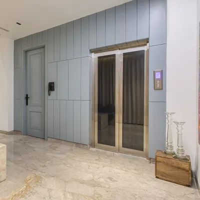 A detail shot of the glass-doored elevator and paneled wall in the Kedias Residence.