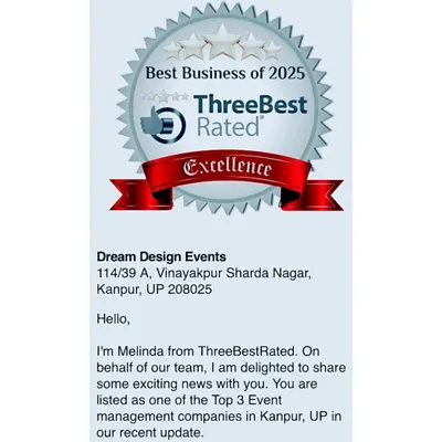 I am proud to be listed by ThreeBestRated as one of the top event management companies in Kanpur. For me, this award is a reminder of my commitment to handling everything for you, so you can relax and enjoy your special occasion.