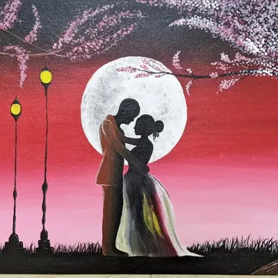A close-up of a romantic couple silhouette painting. The scene is set against a fiery red sky and a full moon, with cherry blossom trees framing the intimate moment.