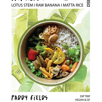 This is our Paddy Fields Solad, inspired by the flavors of Kerala. We combine red matta rice, lotus stem, and raw banana with mixed vegetables, and serve it all with a creamy, comforting pumpkin coconut broth.