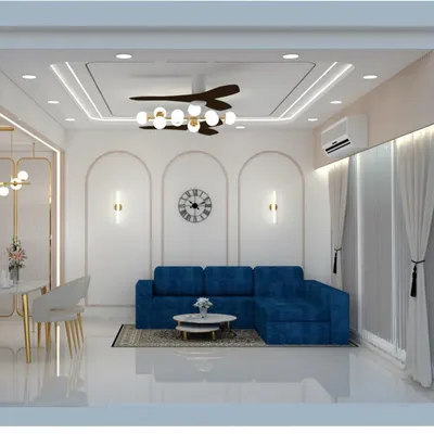 A 3D render showing an alternative layout for the living room, focusing on the seating area. This view highlights the deep blue L-shaped sofa, arched wall panels for a classic touch, and elegant wall sconces.