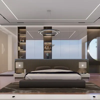 This 3D render illustrates an open-plan master suite. A low-height headboard wall acts as a divider, separating the sleeping area from a spa-like bathroom while maintaining a sense of connection.