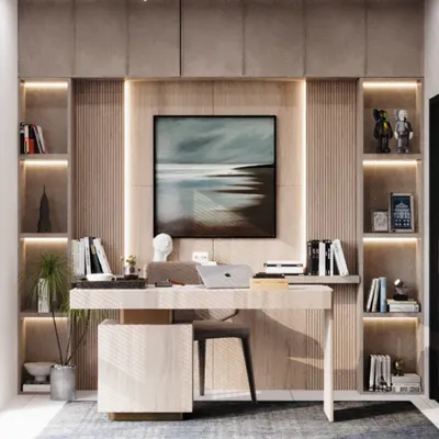 Mondays don’t have to be boring when your desk is this inviting. I designed this home office with a custom fluted wood desk, integrated backlit shelving, and ample storage to create a workspace that is both motivating and stylish.