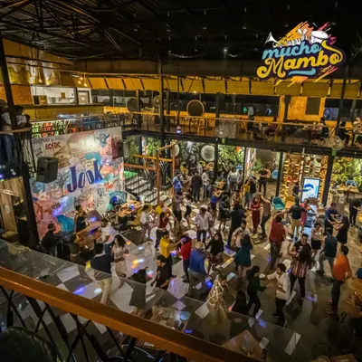 A high-angle view of our Mucho Mambo social at Jook, Indiranagar. The entire venue comes alive with dancers, showing the scale and energy of our signature salsa night.