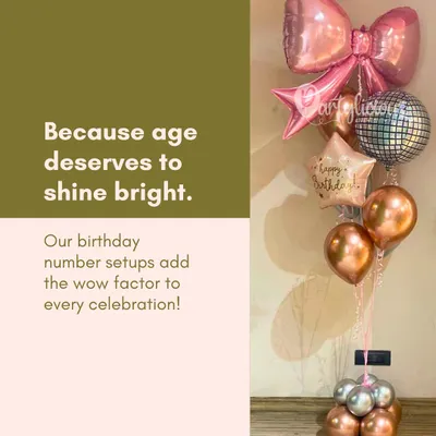 Because age deserves to shine bright. Our birthday number setups, like this rose gold balloon bouquet with a disco ball accent, add the wow factor to any celebration.
