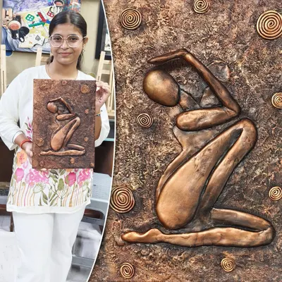 A student proudly displays her finished relief artwork alongside a close-up of the piece. The 3D human figure and textured background are finished with a beautiful bronze effect.