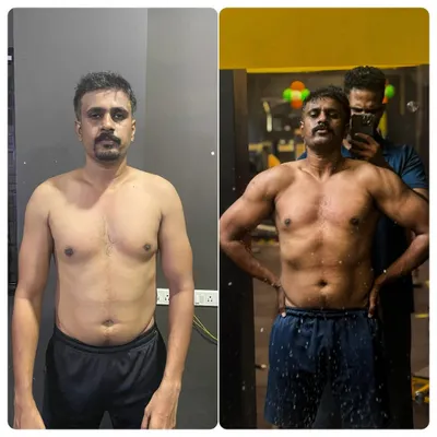 A side-by-side look at this client's progress. The image on the right shows increased muscle mass and definition in the chest and arms after sticking to a disciplined workout and nutrition schedule.