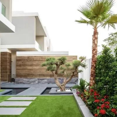 A modern landscape design for a contemporary home. We used a combination of clean lines, geometric water features, a feature olive tree, and a mix of lawn and hardscaping to create a sophisticated and tranquil front yard.
