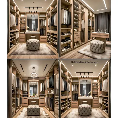 A glimpse into a luxurious walk-in closet. This design features ample hanging space, drawers, and open shelving, all beautifully lit to showcase your collection. The central tufted ottoman adds a touch of glamour and a place to sit while you decide on the perfect outfit.