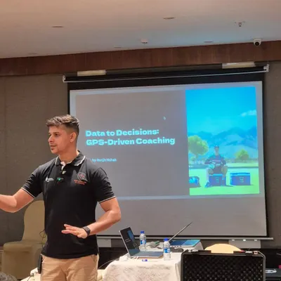 Presenting on GPS-driven coaching at the NSCA India workshop. I demonstrate how to analyze data from live scenarios to plan effective sessions and manage player load without getting lost in the noise of the numbers.