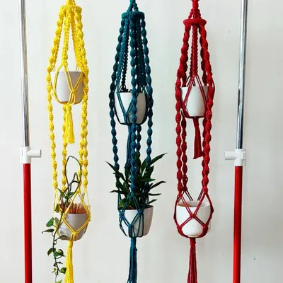 I love this new two-tiered plant hanger design. It's perfect for displaying a pair of smaller plants, and it comes in a variety of beautiful, bright colors like yellow, teal, and red.