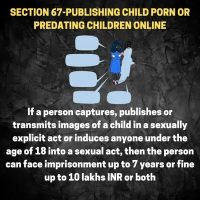Laws against child exploitation online. Section 67 of the IT Act carries severe penalties, including up to 7 years in prison and a 10 lakh fine, for publishing or transmitting sexually explicit images of a child. This is a critical law everyone using the internet should know.