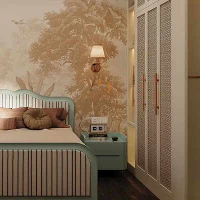 This bedroom balances elegance and comfort with a nature-inspired wallpaper, a custom-latticed wardrobe, and a soothing aqua and beige color palette.