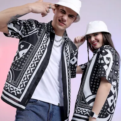 Styling for a unisex collection from Highlander. I had this power couple in matching bandana-print shirts and bucket hats for a fun, coordinated look that’s perfect for partners or friends.