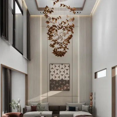 This photorealistic render of a double-height living room showcases a magnificent leaf-motif chandelier, elegant wall paneling, and a serene, luxurious atmosphere.