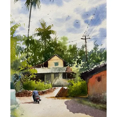 A custom watercolor landscape capturing a quiet village road in India. I focused on the play of light and shadow, the lush greenery, and the details of the rustic architecture to bring this peaceful scene to life.