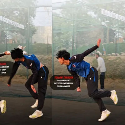 The final phase of a fast bowler's action: the release and follow-through. A high release point with a snap of the wrist generates pace, while a balanced follow-through ensures you finish strong and avoid injury.