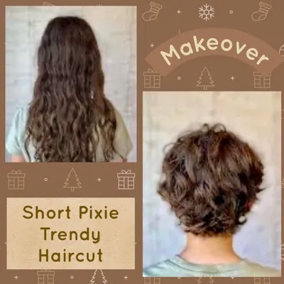 A dramatic and trendy transformation from long, wavy hair to a chic short pixie cut. This style is perfect for highlighting facial features and offers a bold, low-maintenance look.