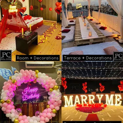 Planning a surprise for your partner? I can help you create the perfect setting. This shows four different concepts I can execute: a romantic room decoration, a cozy terrace dinner, a festive cafe setup, and a grand 'Marry Me' decoration at a farmhouse.